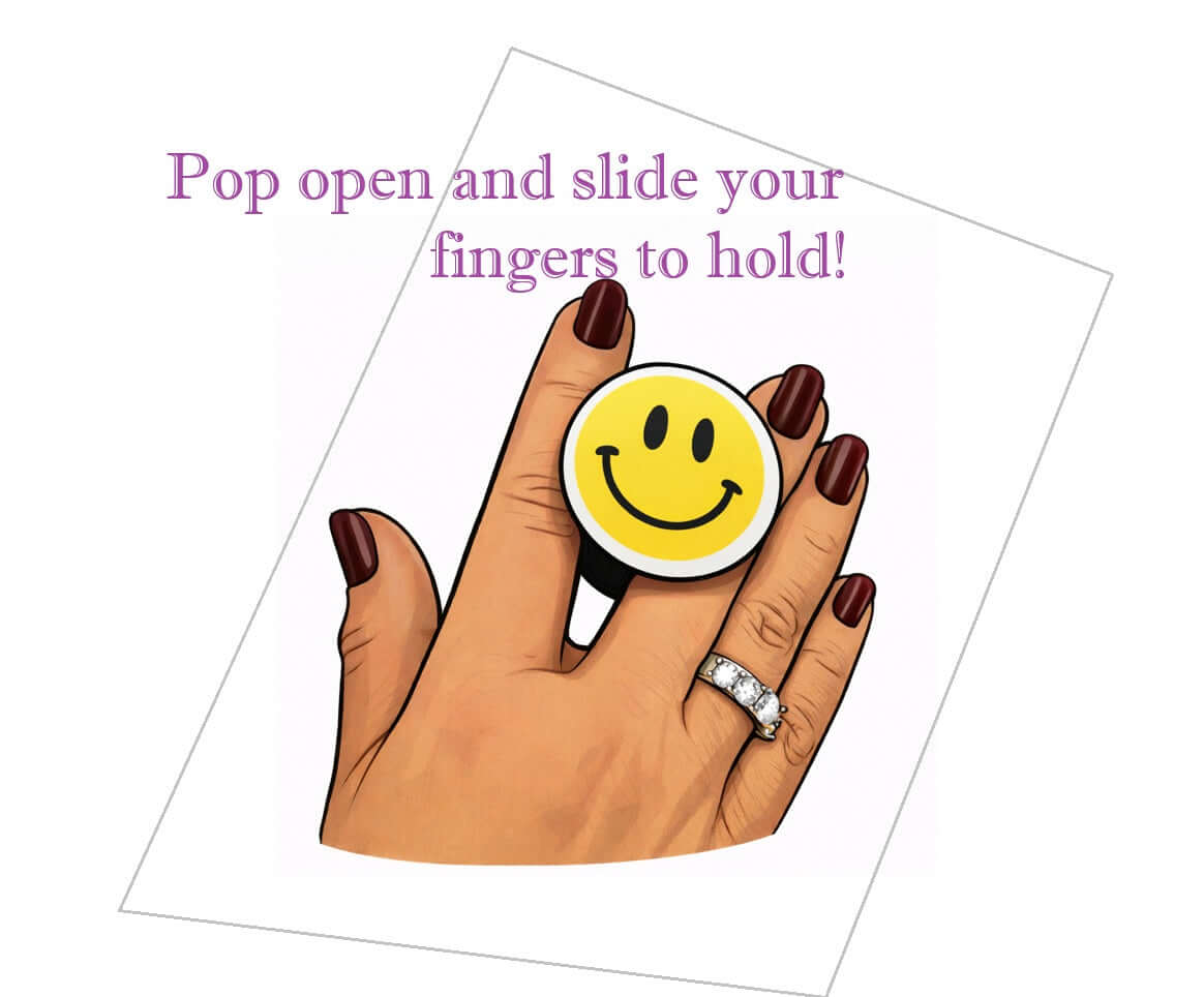 Big oversized hand Cell Phone with Pop Socket holder being held with fingers to promote photo booth props.