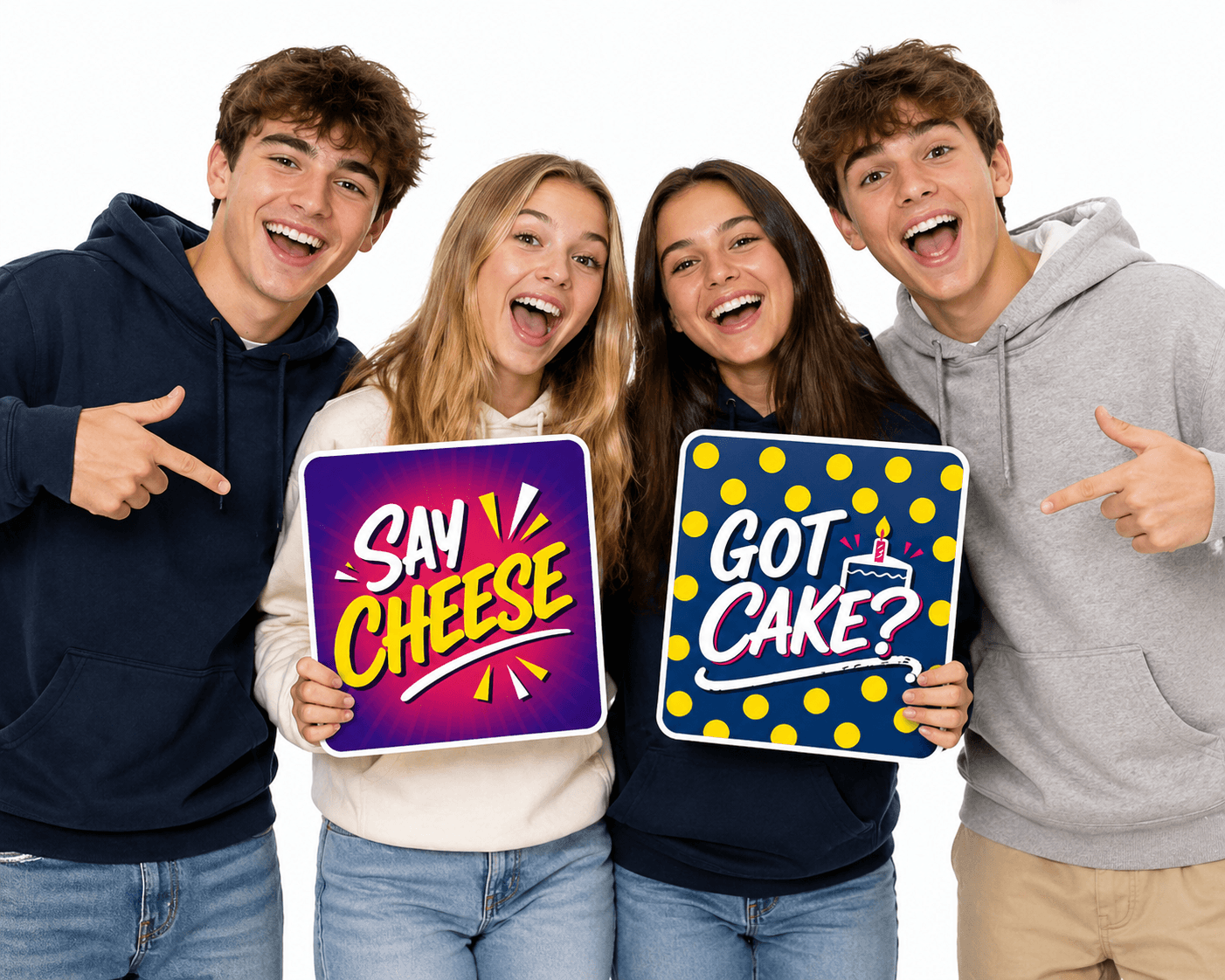 Ultimate Birthday Set Photo Booth Props with teens posing holding colorful signs 'Say Cheese' and 'Got Cake?'}