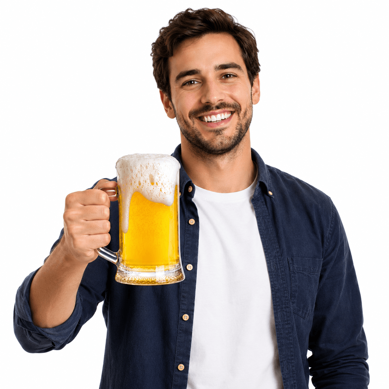 Beer Mug PVC Photo Booth Prop 10 Inch Double Sided For Parties held by a smiling man with a frothy beer.