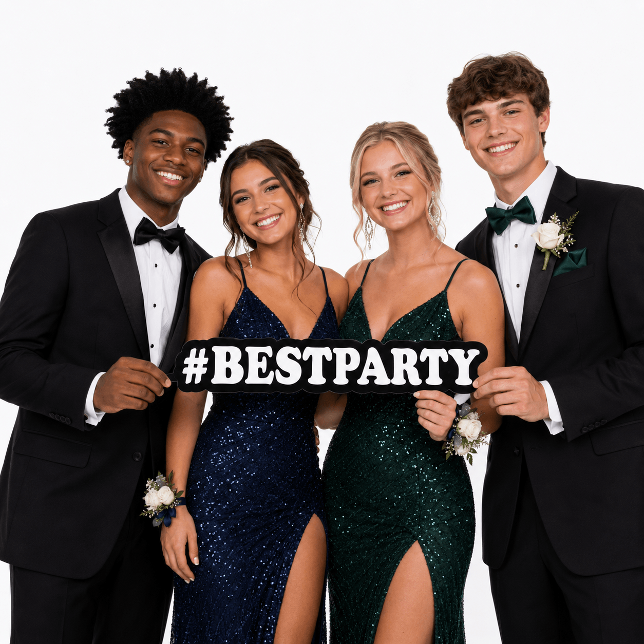 Group of friends holding a #BestParty sign, showcasing fun with BestParty PVC Photo Booth Prop.