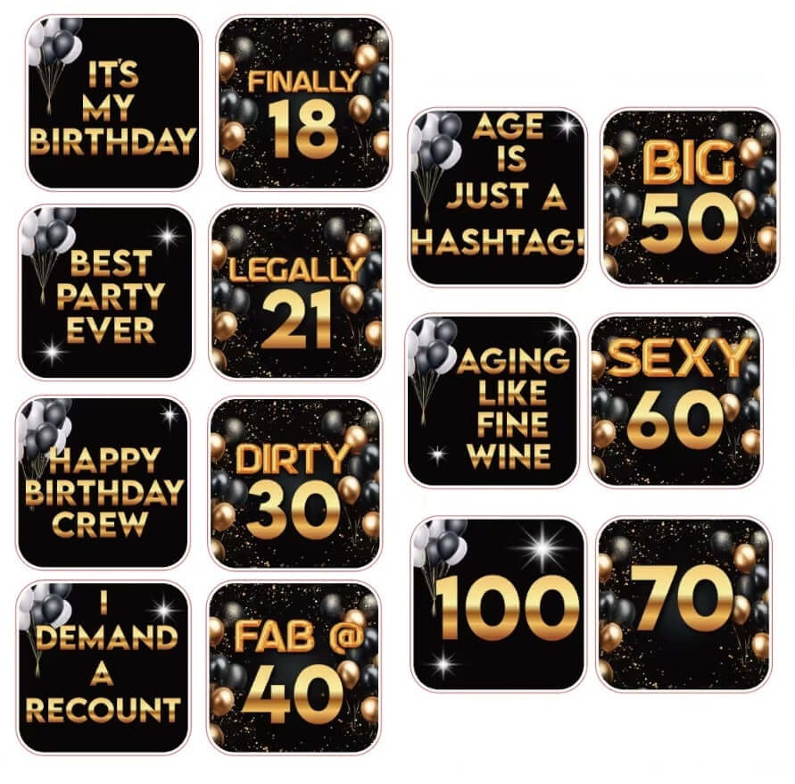 Black and gold birthday photo booth props with fun phrases like 'Finally 18', 'Big 50', and 'Sexy 60'.