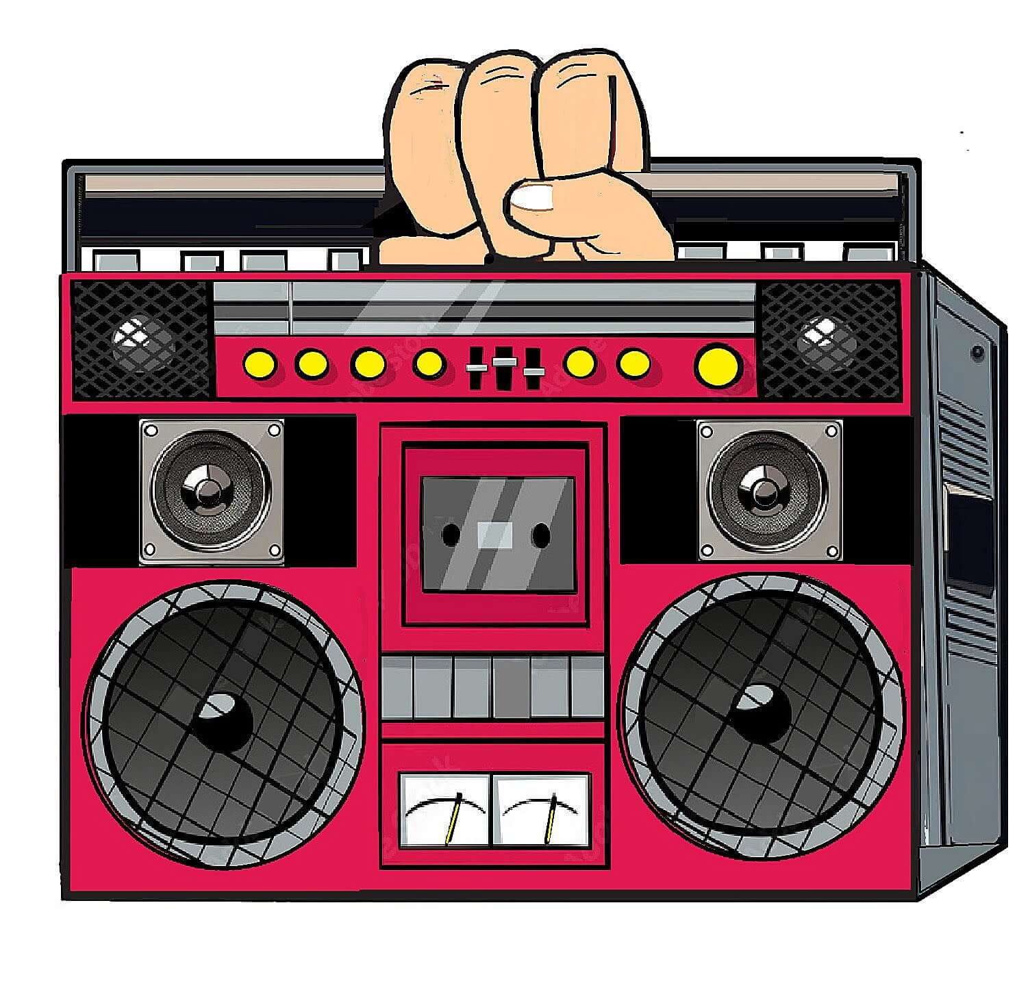 Big hand boom box prop with PopSocket, ideal for photo booths, 15" wide with anti-glare quality.