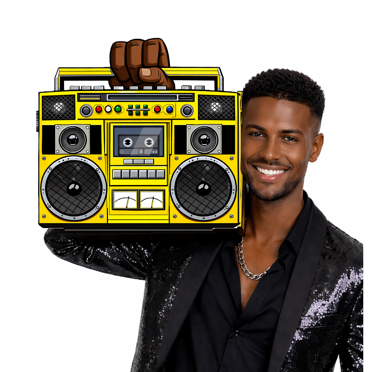 Big & Oversized Hand Holding Boom Box - Photo Booth Props (with Pop Socket) in use, perfect for photo booth props.