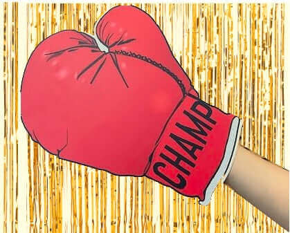 Red boxing glove with 'CHAMP' label against a shiny gold background, perfect for photo booth props.