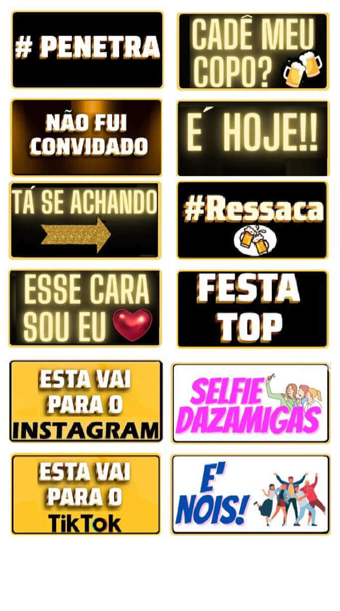 Set of 6 double-sided Brazilian photo booth sign props in Portuguese for festive occasions and social media.
