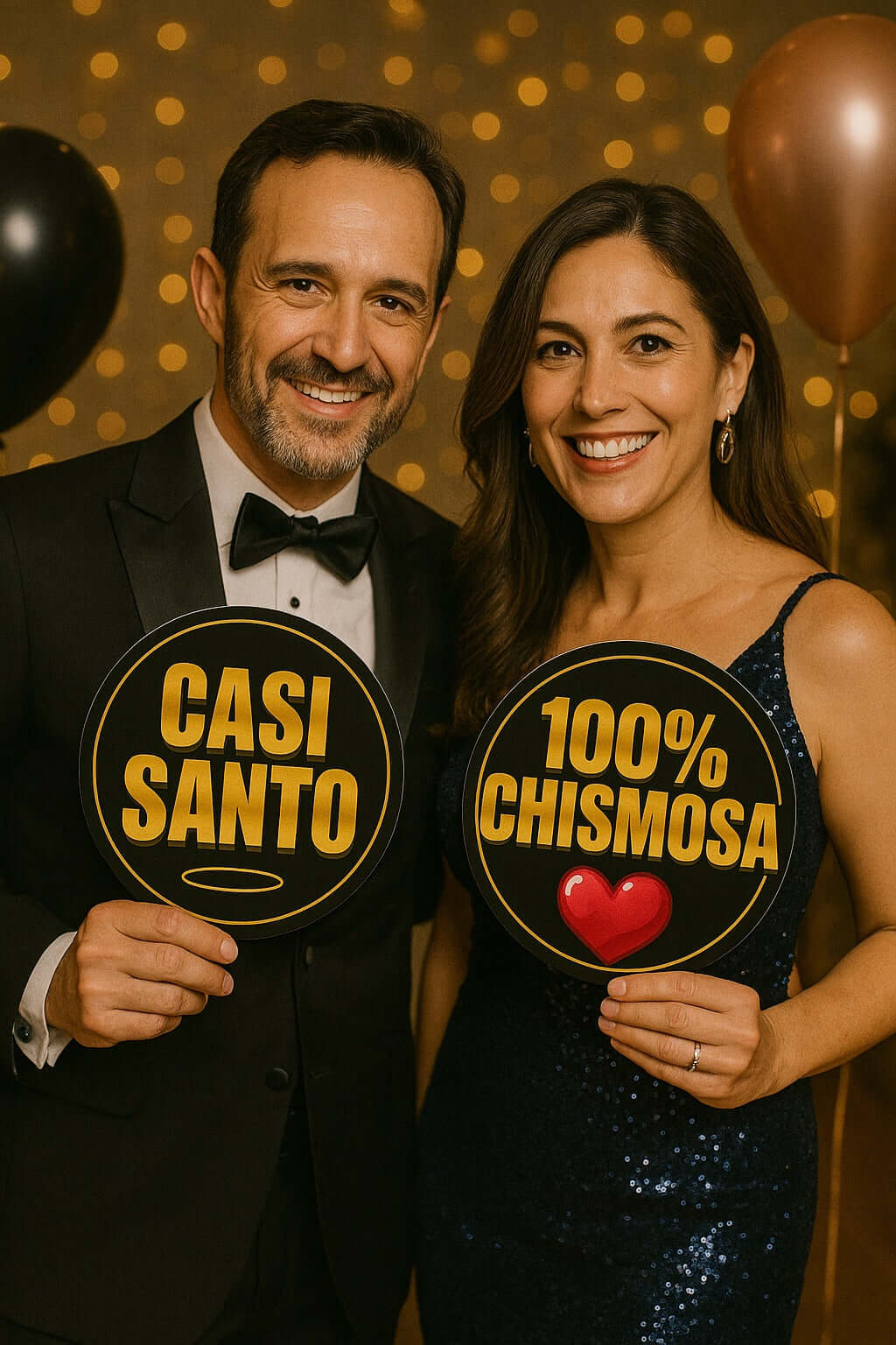 A couple holding black and gold signs reading 'Casi Santo' and '100% Chismosa' at a festive celebration.