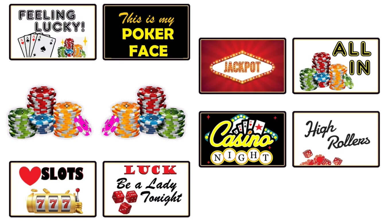 Colorful Casino Night photo booth prop set featuring 5 fun signs and poker chips for festive occasions.