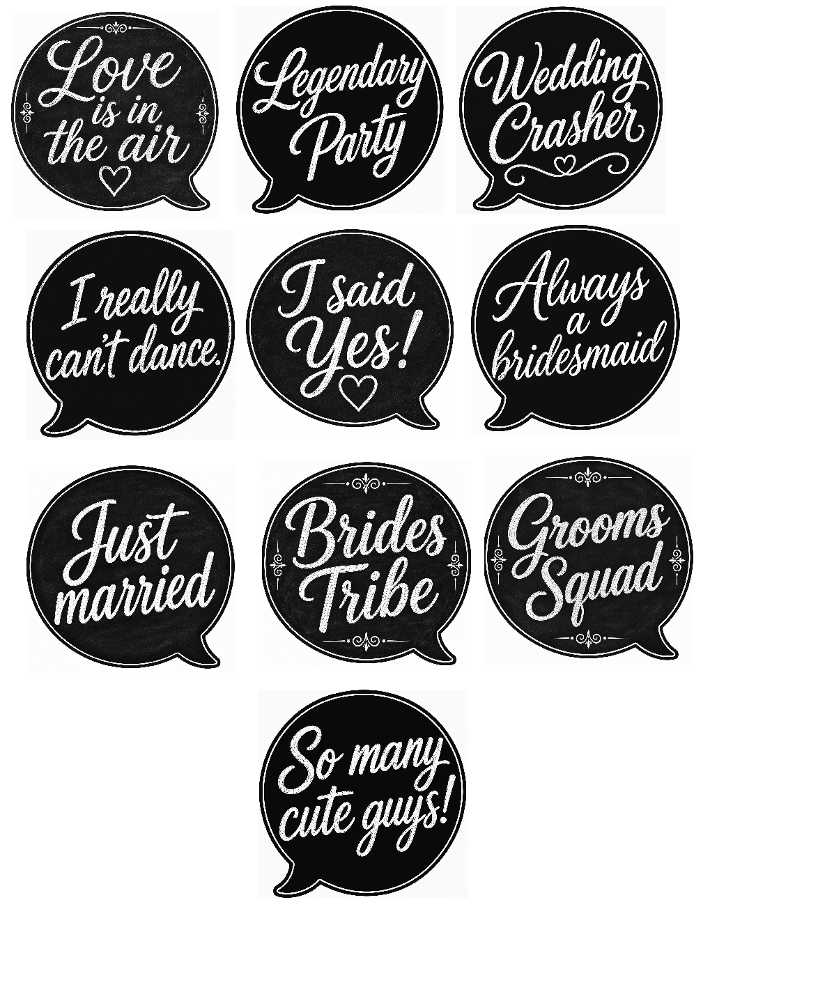 Chalk-Style Wedding Photo Booth Props – 5 Double-Sided PVC Signs, 10 Designs featuring fun messages.