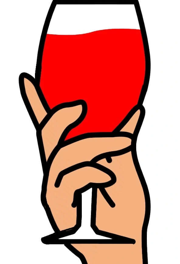 Hand holding a big wine glass filled with red drink, colorful prop for photo booths and events.