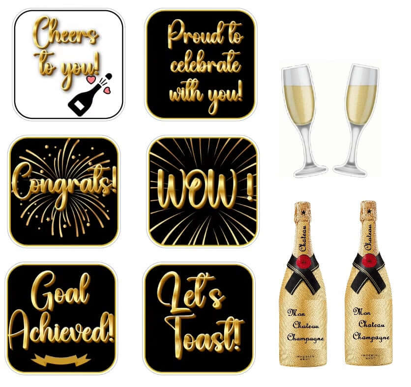 Corporate Cheers! Celebration Photo Booth Prop Set featuring signs, Champagne flutes, and bottles for festive events.
