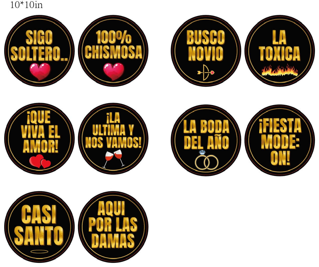 Spanish Black and Gold Prop Set featuring 10" round PVC props with festive phrases for party decor.
