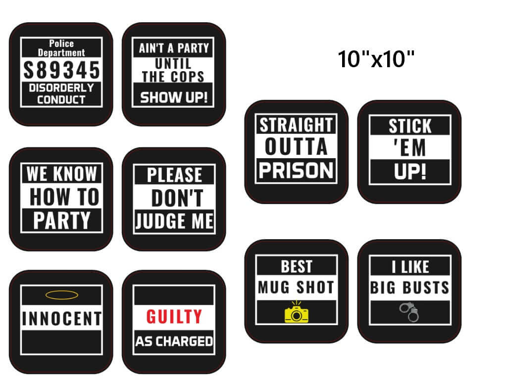 Police-themed props set featuring humorous signs for parties, including 'Stick 'Em Up!' and 'Best Mug Shot'.