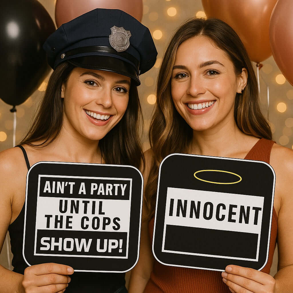 Two women holding party props wearing a police hat, featuring signs 'Ain't a Party Until the Cops Show Up!' and 'Innocent'.