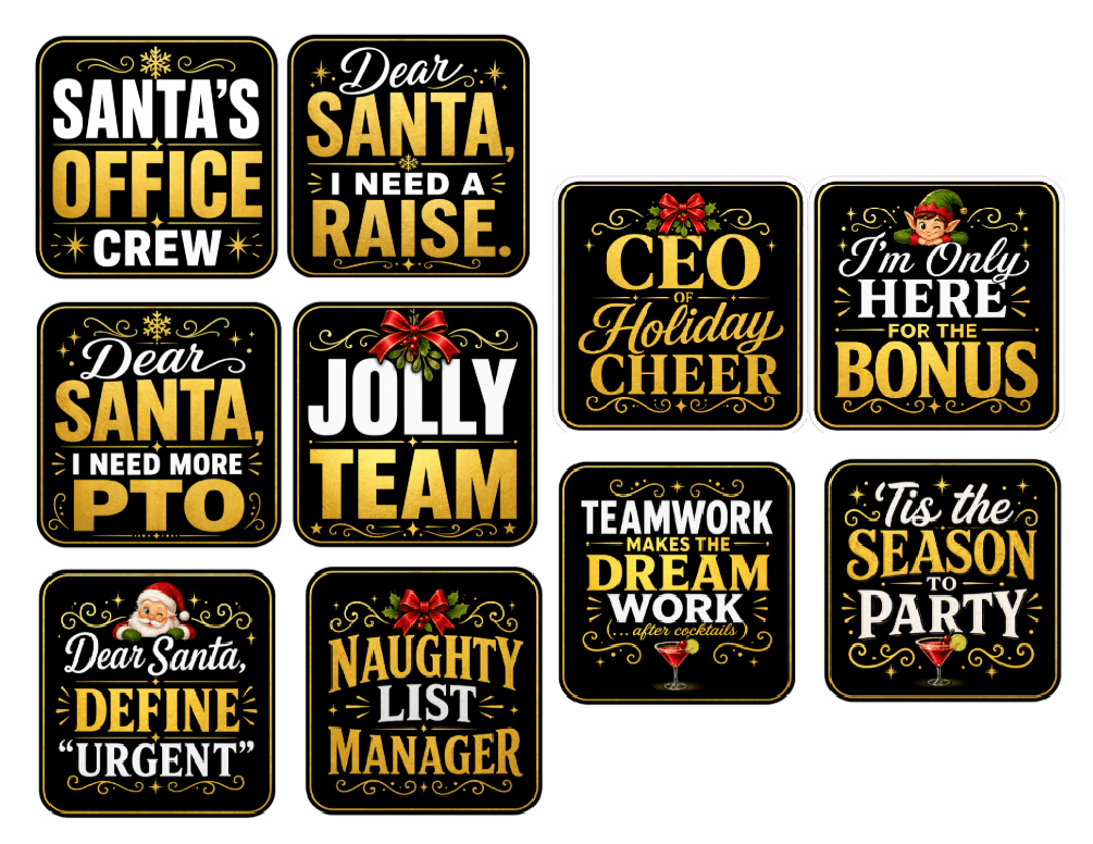 Christmas Corporate - Photo Booth Sign Props . Set of5 - Double Sided featuring humorous holiday messages for photo booths.