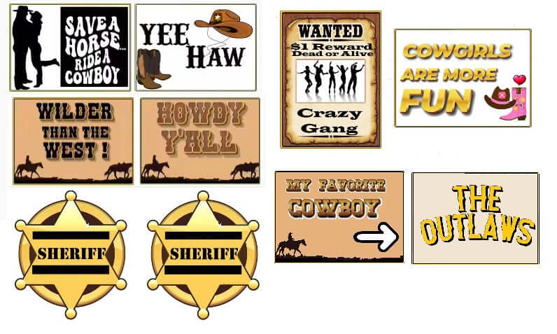 Colorful big cowboy photo booth props featuring fun signs and badges for parties and events.