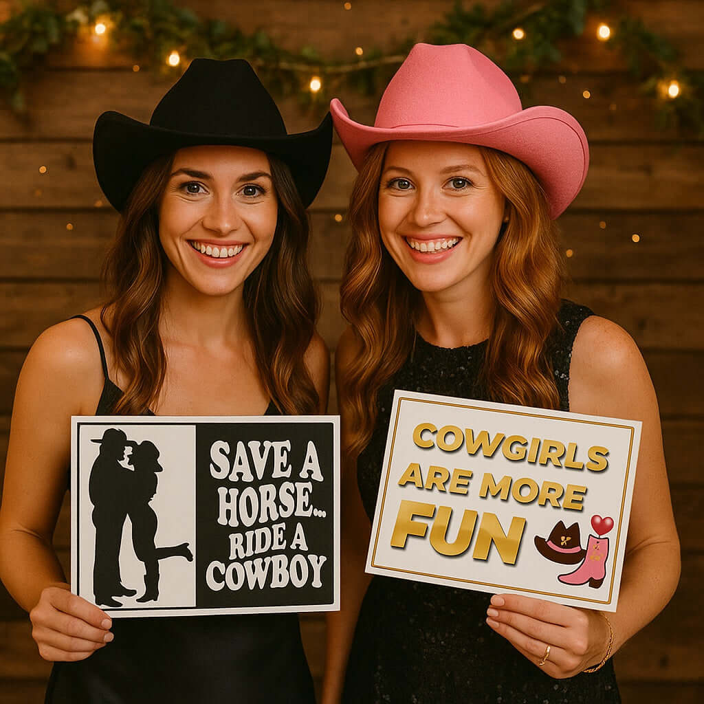 Big Cowboy Set photo booth props featuring two women in cowboy hats holding colorful signs for fun events.