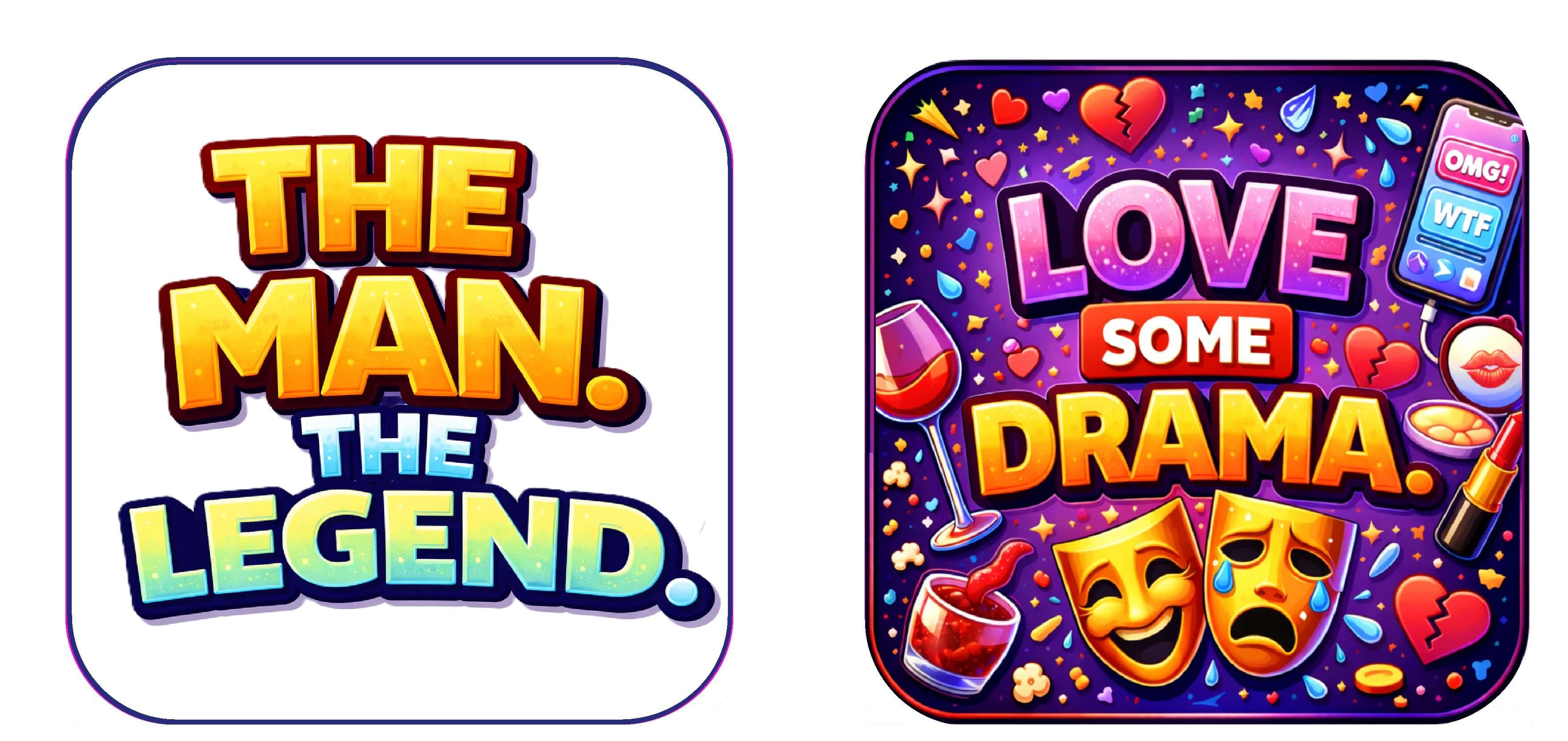 The Ultimate Party Set features colorful PVC photo booth props with fun sayings like 'The Man. The Legend.' and 'Love Some Drama.'