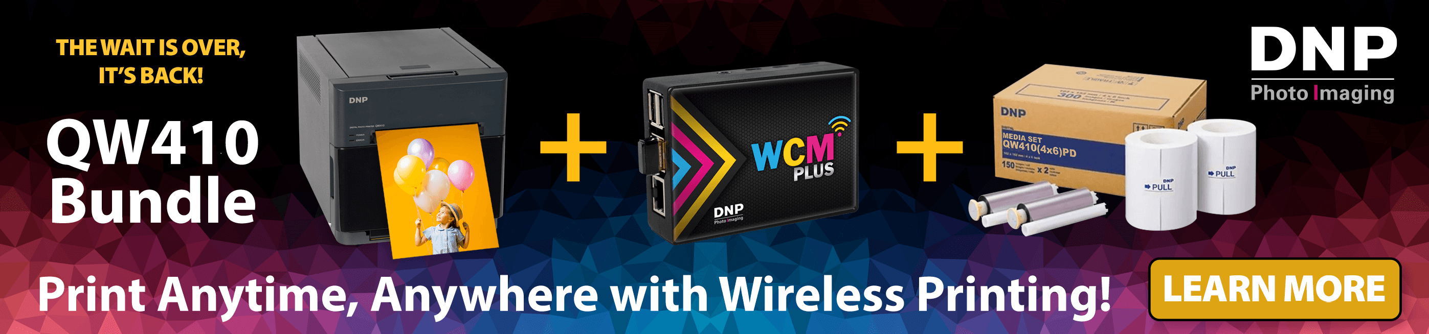 DNP Photo Imaging QW410 Bundle advertisement with printer, ink cartridges, and wireless printing capabilities.