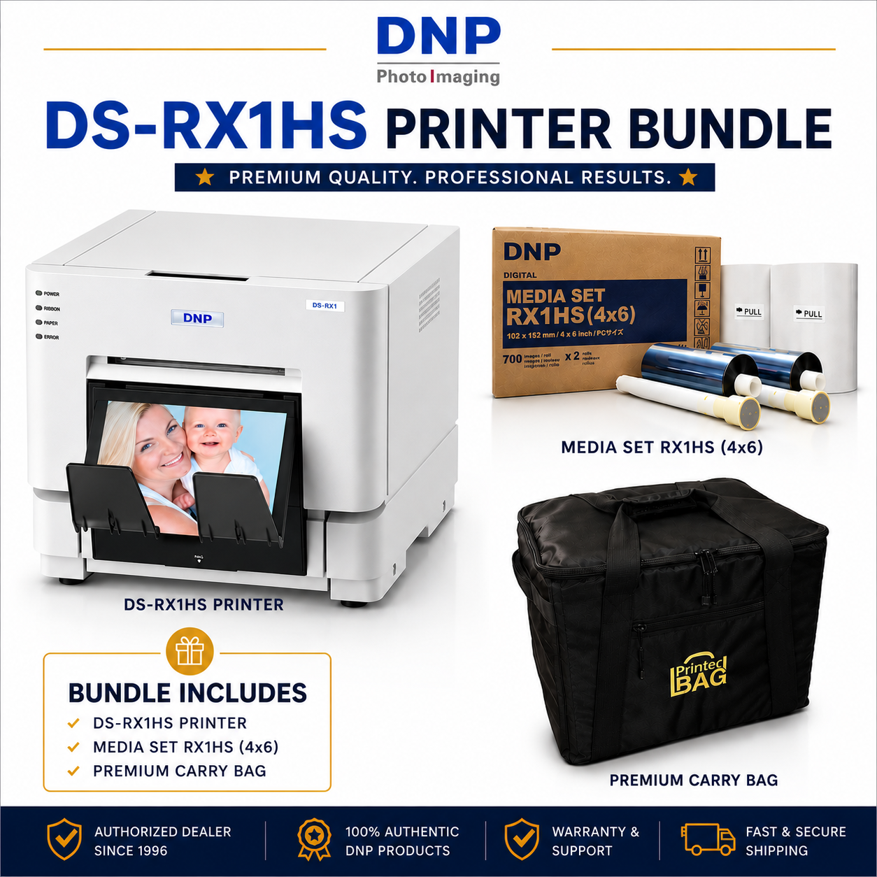 DNP DS-RX1HS Photo Printer + Carrying case + Box of 4x6 Media (1400 Prints)