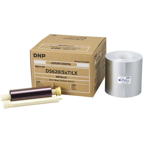 DNP 5x7" Metallic Luxury Media Set for DS620A Printer with packaging and rolls displayed.