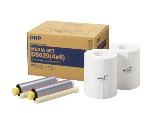DNP DS620A media set with two rolls of dye and paper for 4x6 prints, ideal for photo printing solutions