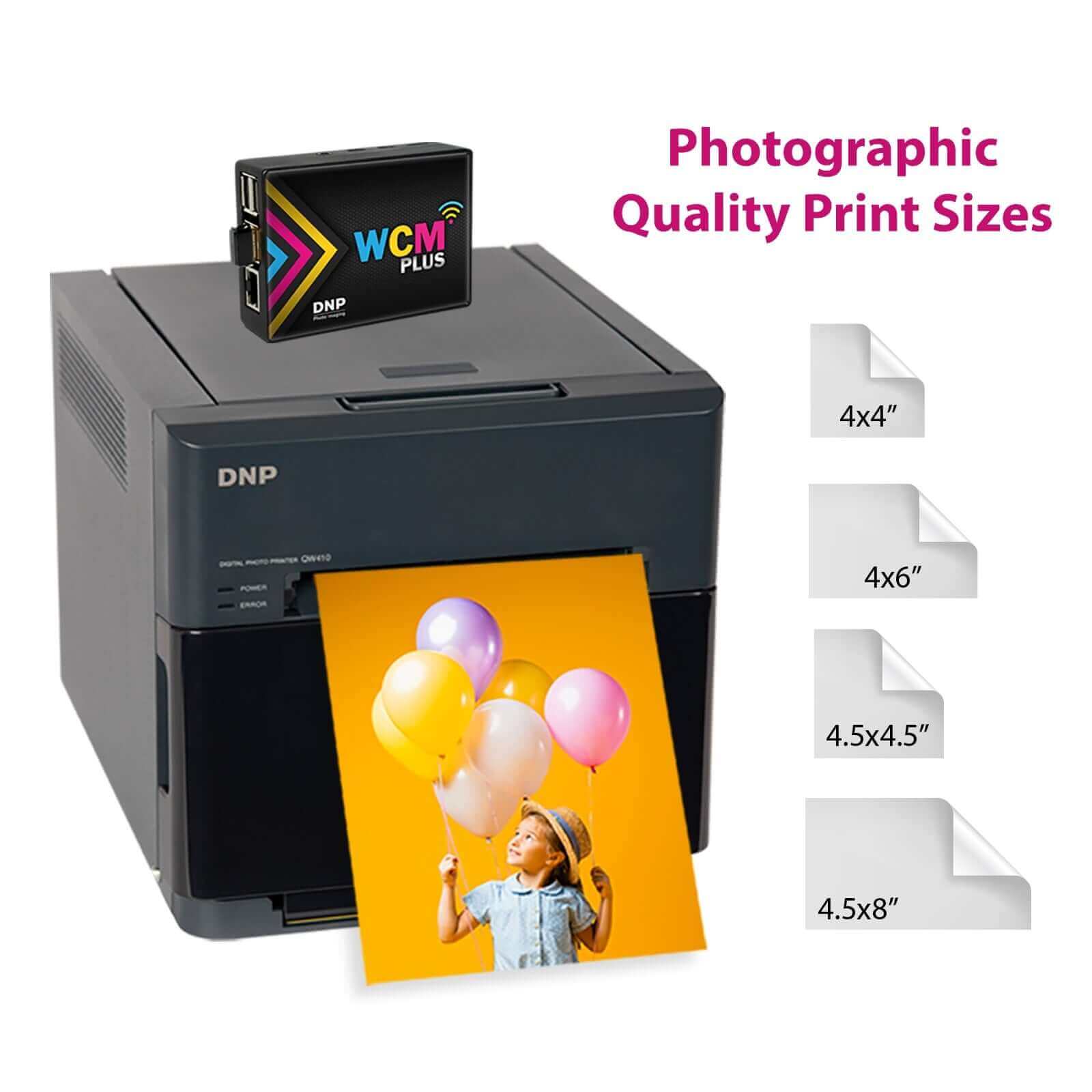 DNP QW410 printer with prints showing various sizes for high-quality photo printing in a professional setting.