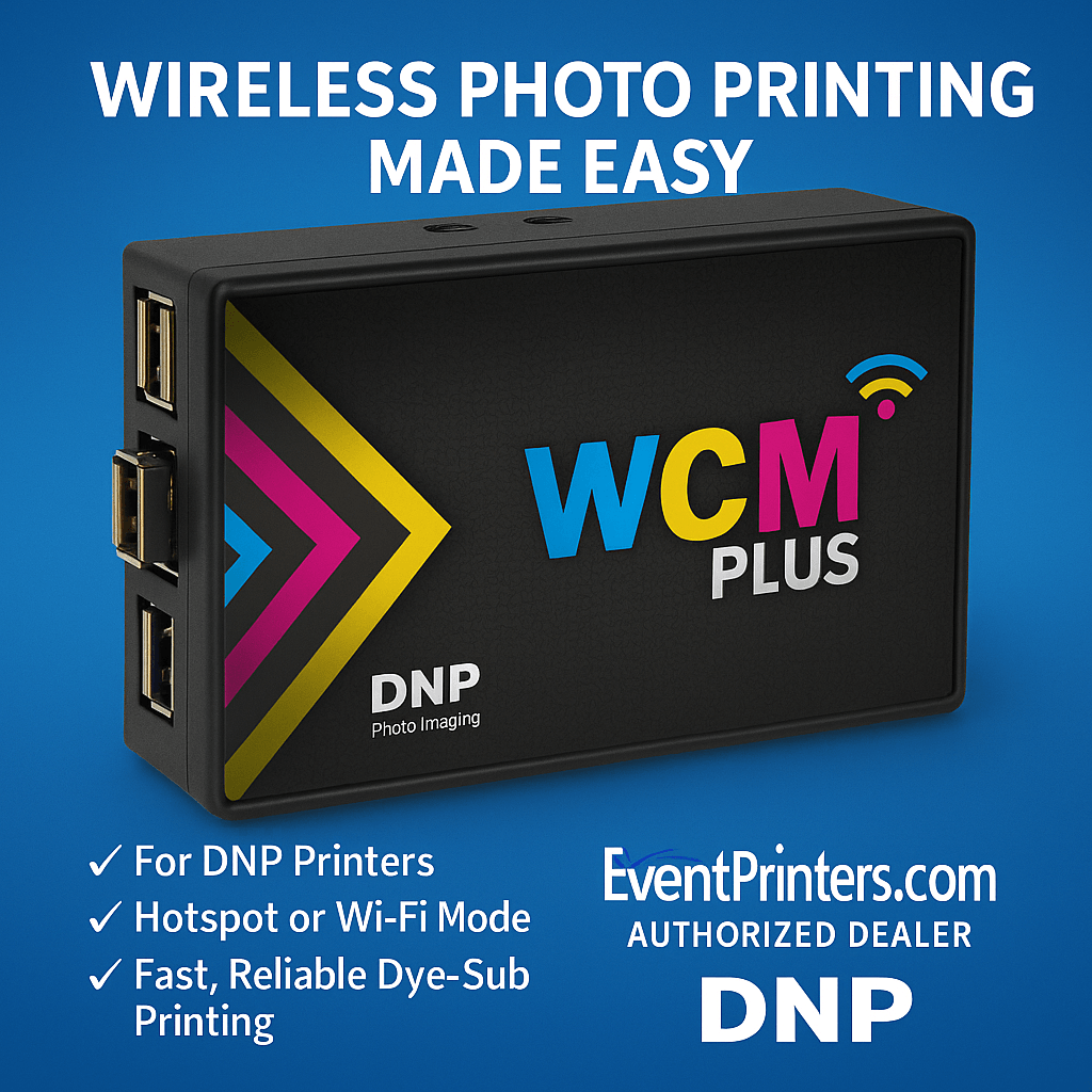 DNP WCM Plus wireless print server shown with key product features and EventPrinters.com listed as an Authorized Dealer.