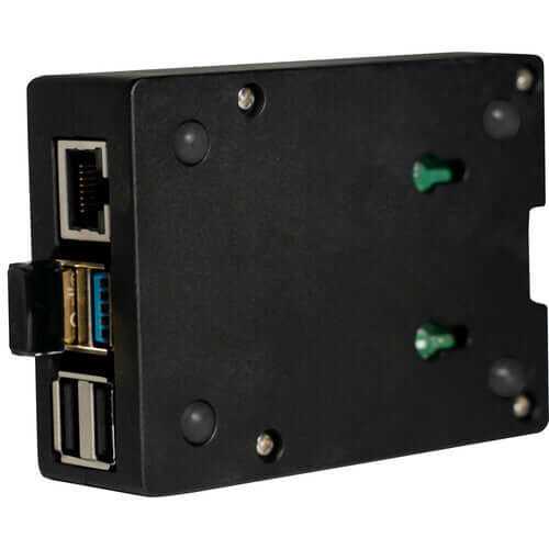 DNP WCM Plus Wireless Connect Module back view with USB and Ethernet ports, enhancing photo printer connectivity.