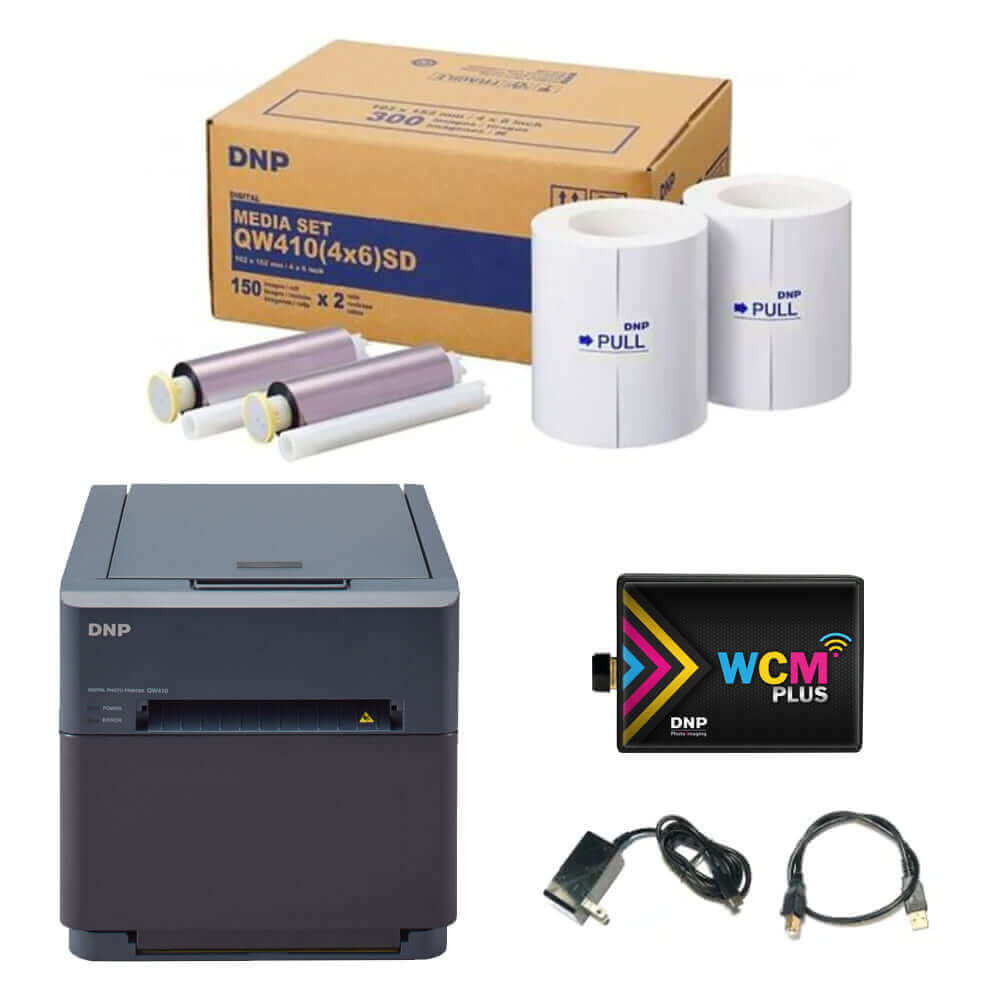 DNP QW410 Printer bundle with media set, rolls, and accessories for high-quality photo printing.