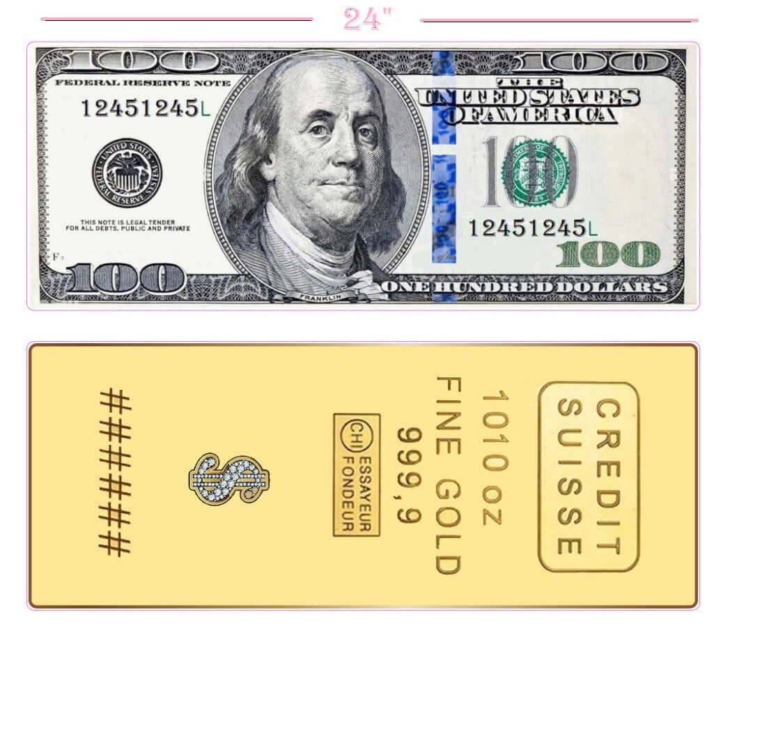 24" Dollar and Gold Bar prop, colorful and fun, perfect for displays, 6mm thick, anti-glare amazing quality, part of new collection.