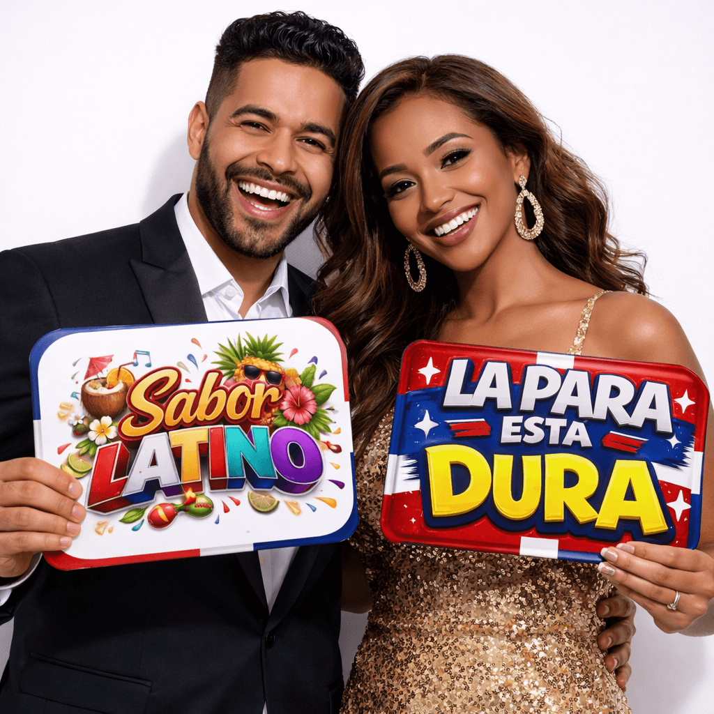 SPANISH DOMINICANO Collection - Photo Booth Sign Props in Spanish - Set of 5 - Double sided (Copy) held by smiling couple.