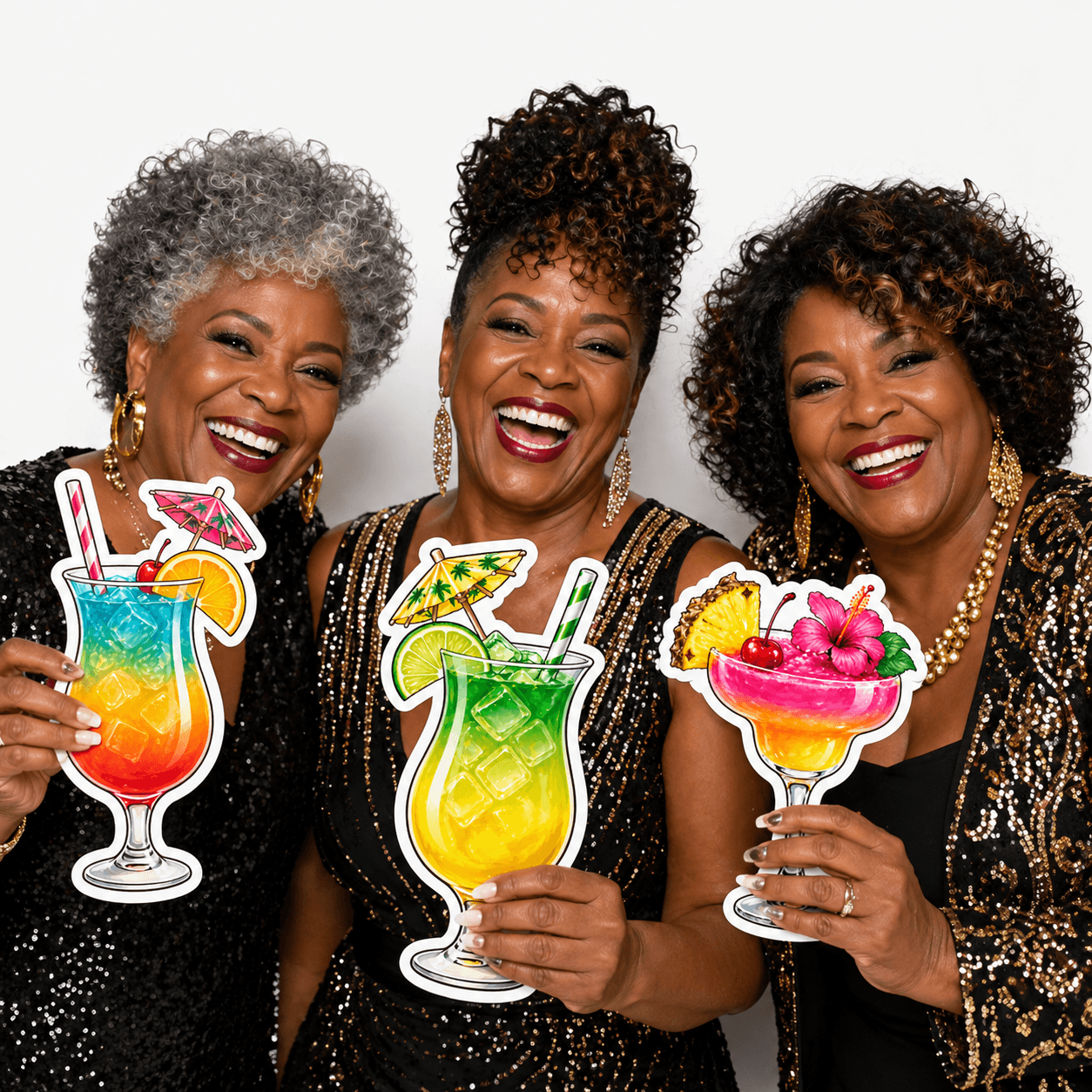 Women holding Ultimate Drinks Set Photo Booth Props with colorful cocktails for a fun party atmosphere.