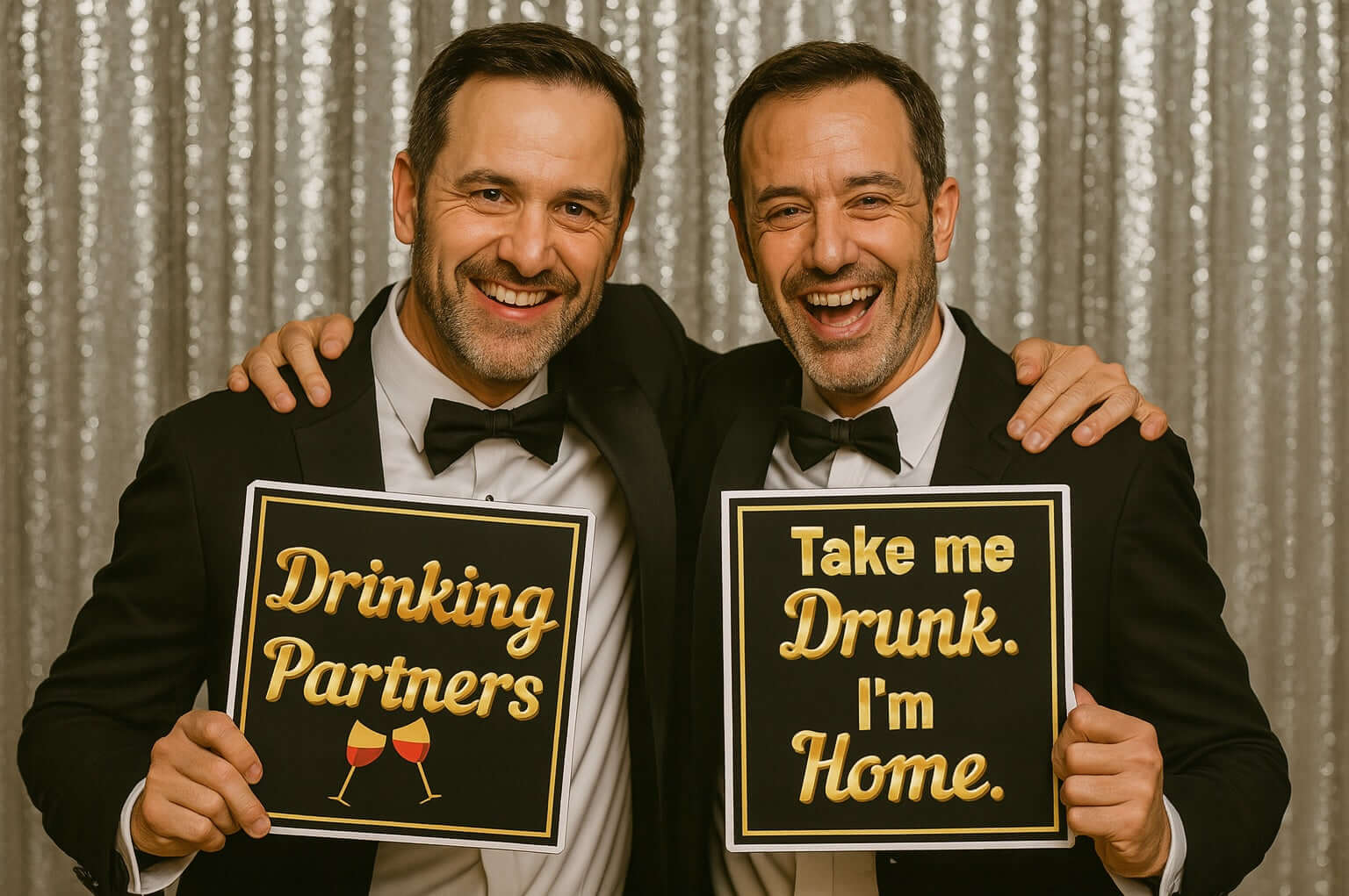 Two men in tuxedos holding black and gold signs that say 'Drinking Partners' and 'Take me Drunk. I'm Home.'