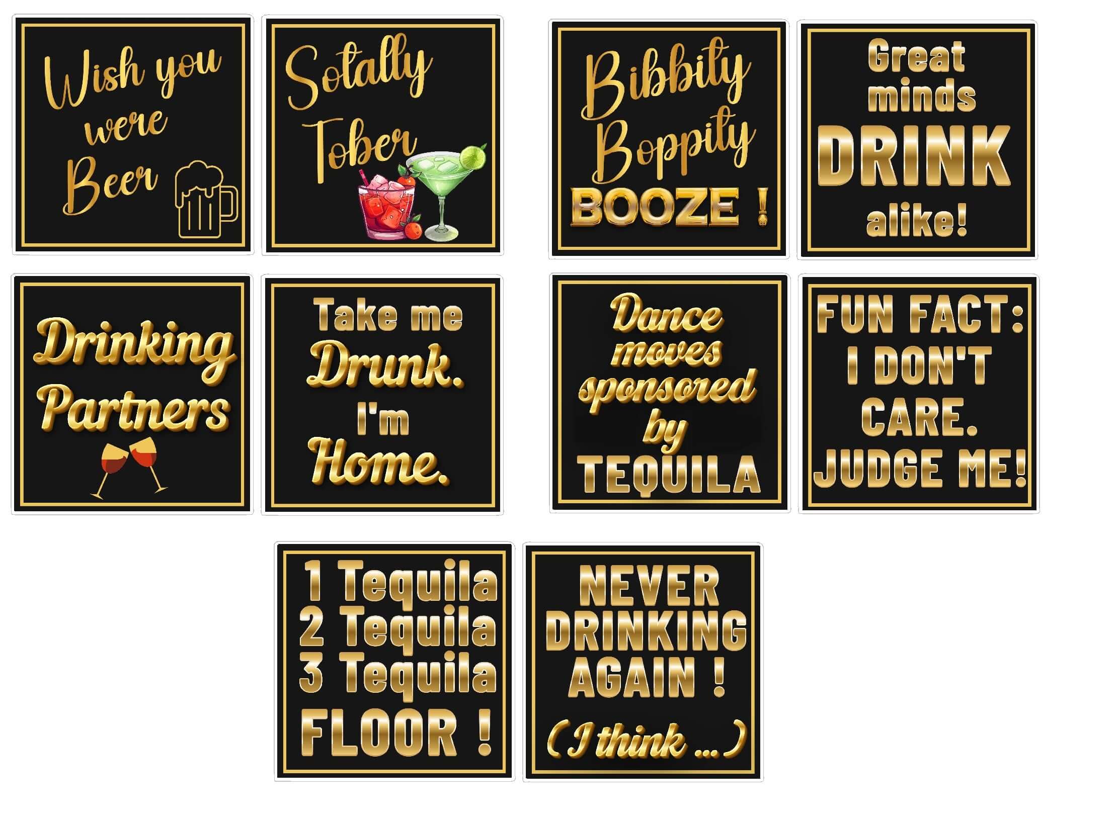 Booze Black and Gold Prop Set featuring fun party phrases, 5 stylish PVC props perfect for celebrations.