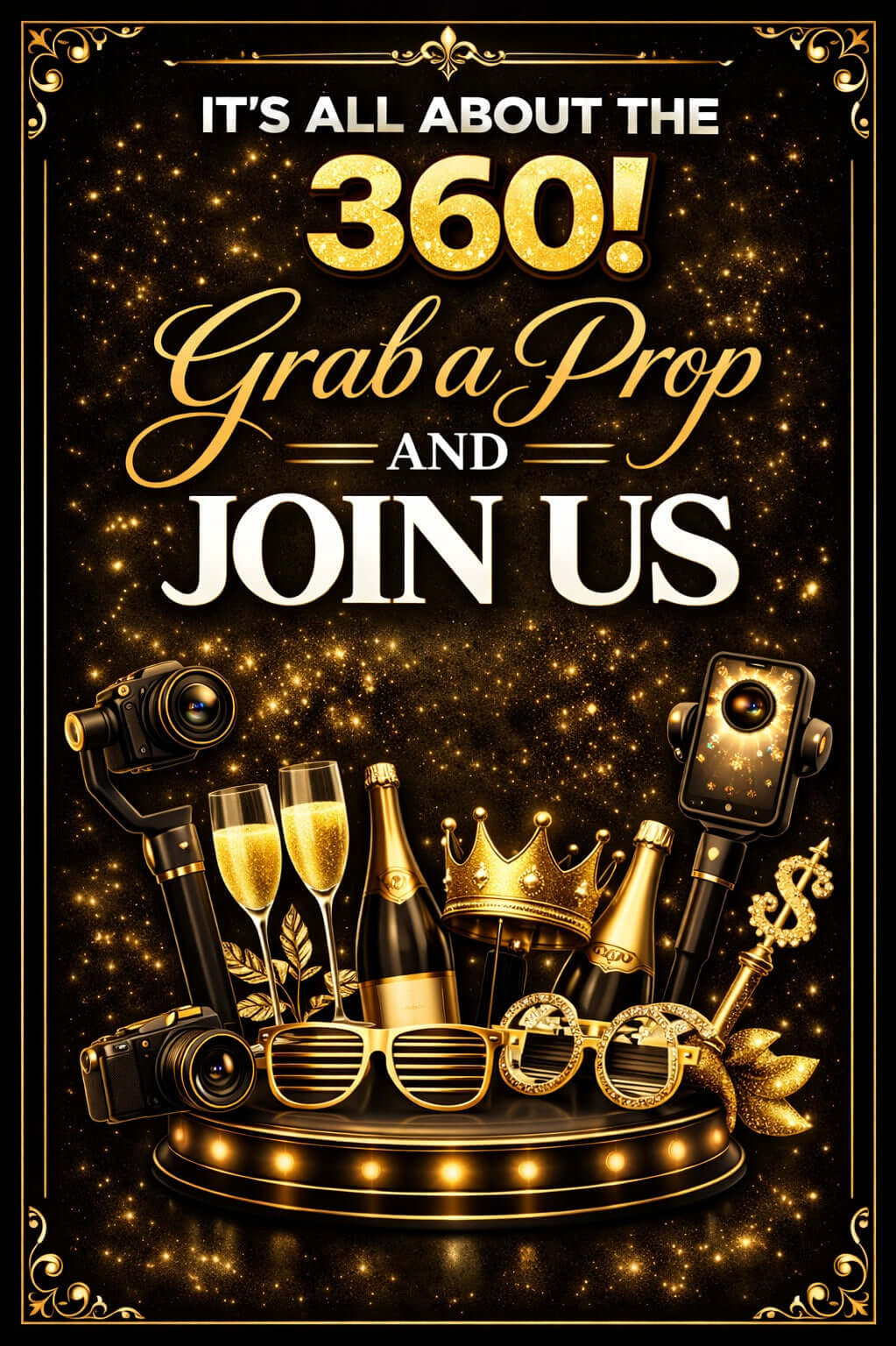 360 Easel Sign for Events - PVC Photo Booth Prop Easel showcasing gold and black design with props and invitation for guests.