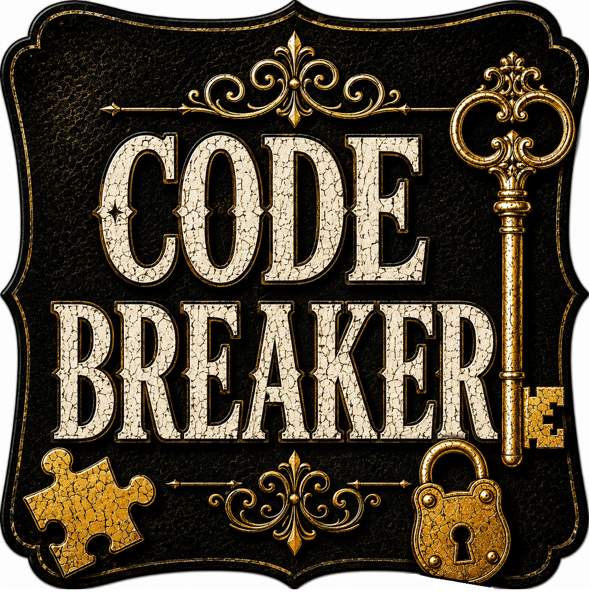 Escape Room Photo Booth Props – 5 Double-Sided Puzzle Party Props themed design with 'Code Breaker' sign and puzzle pieces.