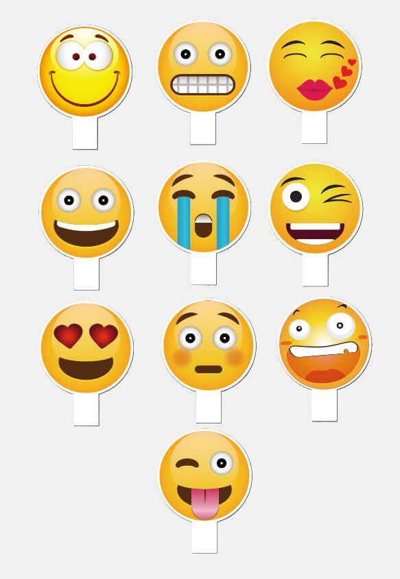 Face Emoji paddles - 5 piece collection featuring 10 fun double-sided faces for kids' parties and events.