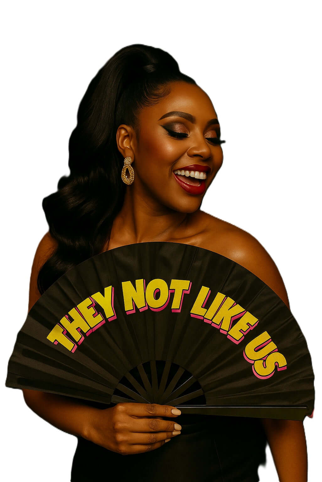 Smiling woman holding a folding fan with text "They Not Like Us", showcasing fun and vibrant style for events.
