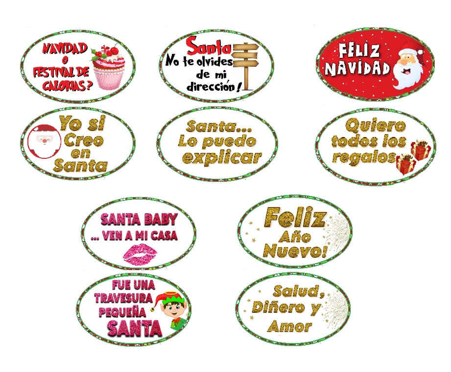 NAVIDAD Christmas Photo Booth props set featuring festive quotes and colorful designs, perfect for holiday celebrations.
