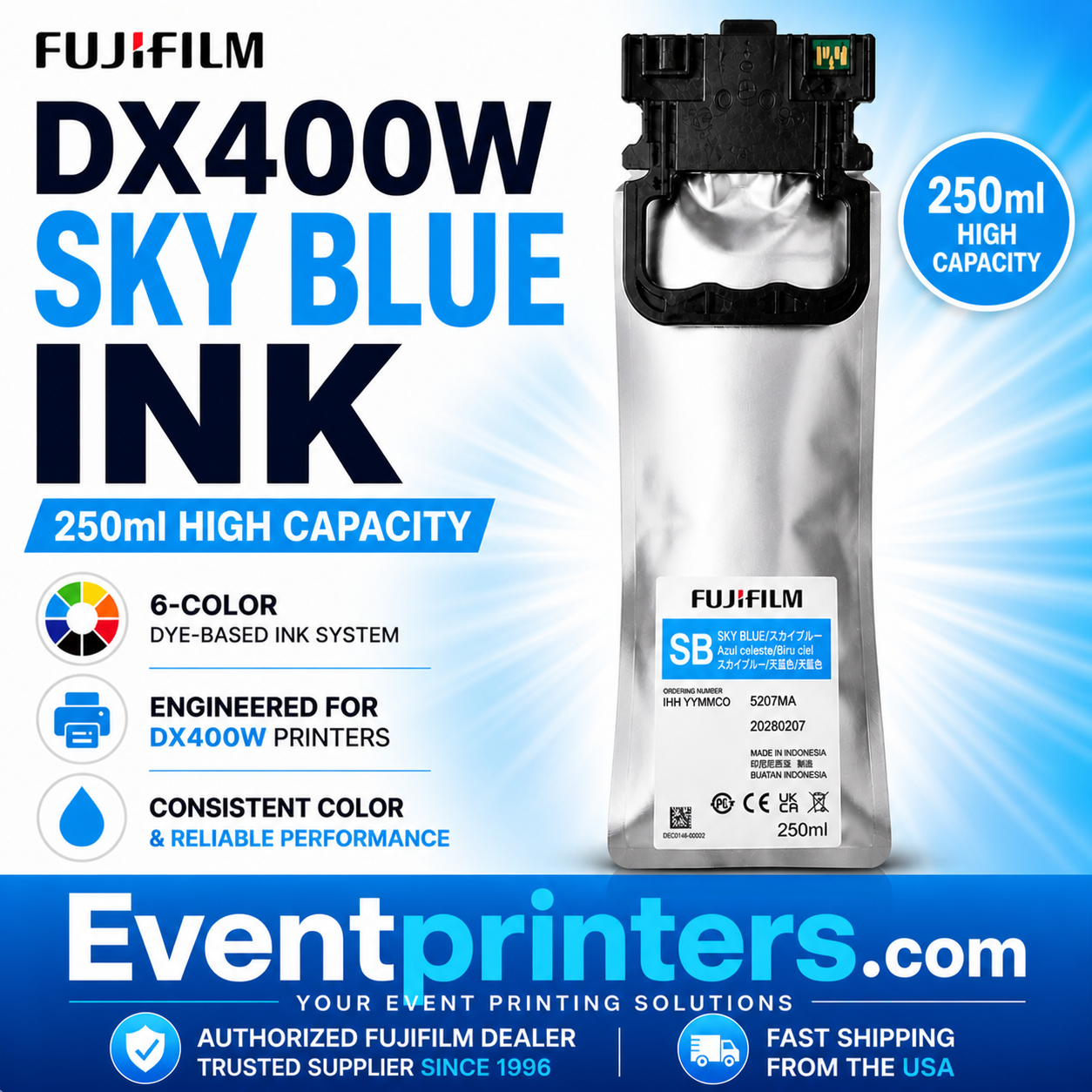 Fujifilm DX400W Ink Pouch (250ml) – Sky Blue