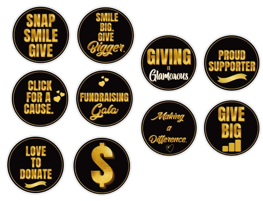 Fun black and gold photo booth props with slogans for fundraising events, featuring 10" round anti-glare signs.