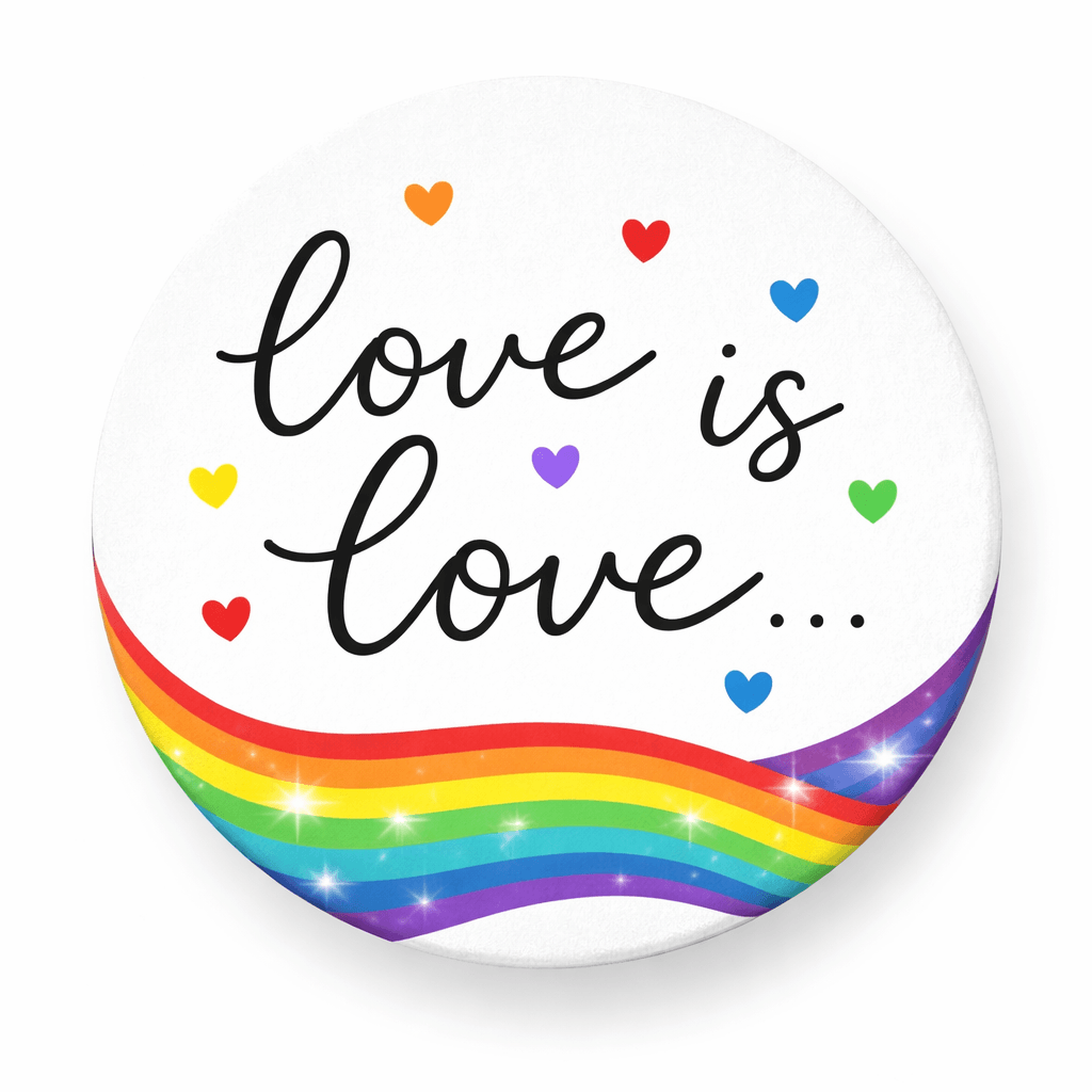 Pride Set - 5 Pieces photo booth props featuring colorful hearts and a rainbow design with the text 'love is love'.