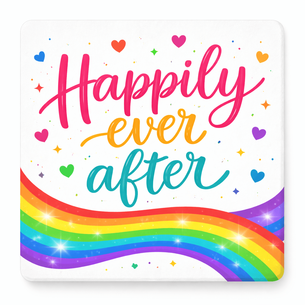 Colorful design featuring the phrase 'Happily ever after' and a vibrant rainbow, perfect for Pride celebrations.
