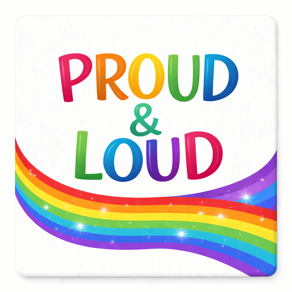 Pride Set - 5 Pieces photo booth props with colorful text 'PROUD & LOUD' and vibrant rainbow design.