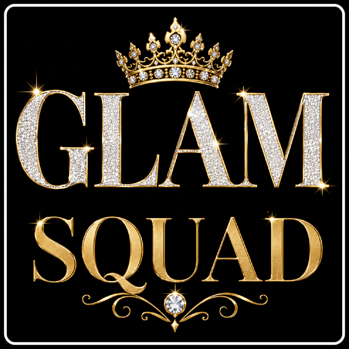 Glam Photo Booth Props – Black & Gold Double-Sided Party Prop Set featuring sparkling 'Glam Squad' text.