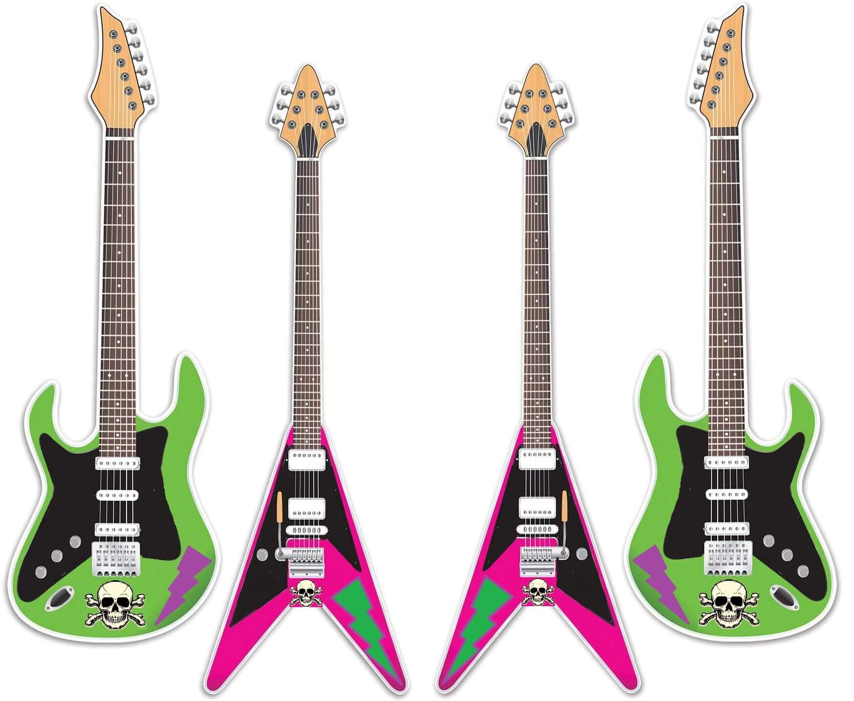 Colorful electric guitars in green and pink, featuring skull designs, perfect for music lovers and collectors.