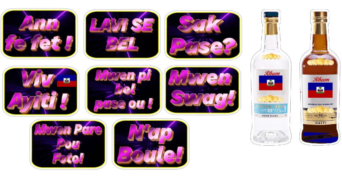 Colorful Haitian party photo booth props featuring fun phrases for celebration. 6mm thickness, double-sided, and anti-glare quality.