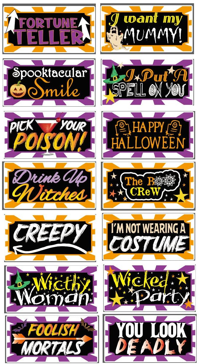 Halloween - 7 piece set- Photo Booth Sign Props .- Double Sided