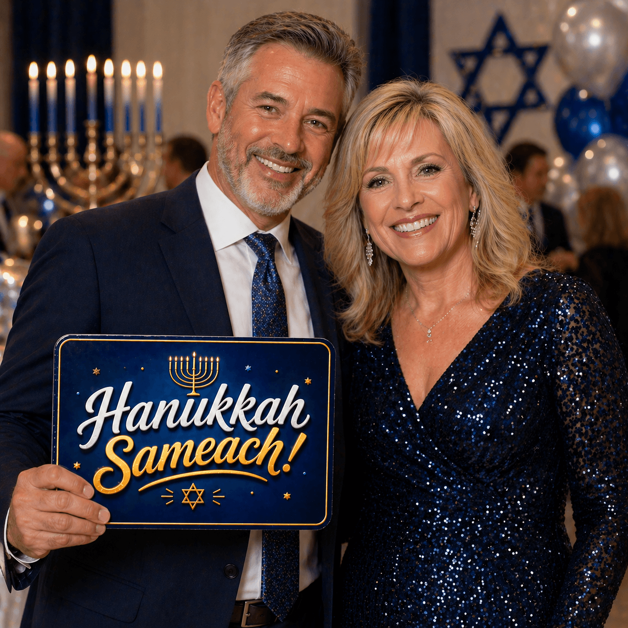 Hanukkah - Photo Booth Sign Props . Set of5 - Double Sided featuring a happy couple at a festive celebration.