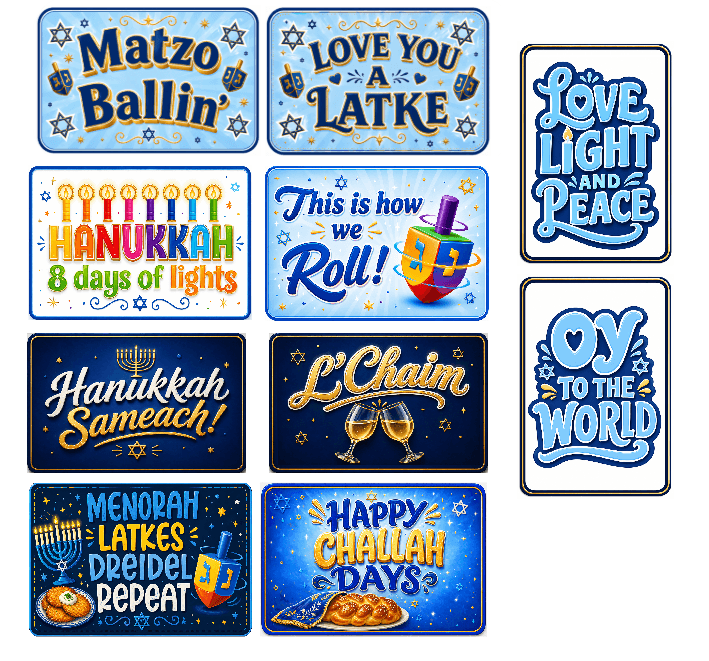 Hanukkah - Photo Booth Sign Props . Set of5 - Double Sided featuring colorful themed phrases and designs.